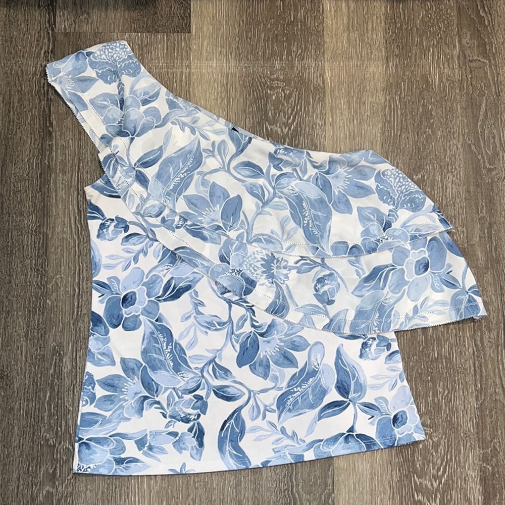 White House Black Market One Shoulder Blue Floral Top Blouse Small Petite